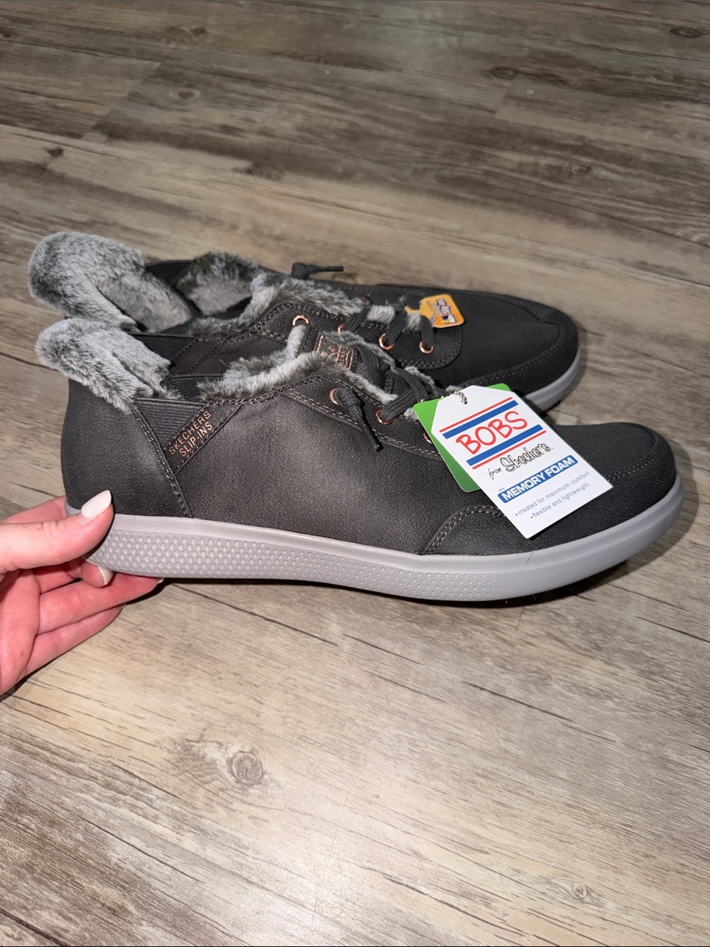 BOBS from Skechers Women's Charcoal Gray Faux-Fur Trim Lace-Up Sneakers